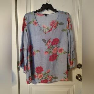 Zac & Rachel Light Blue Striped Floral V-Neck Blouse